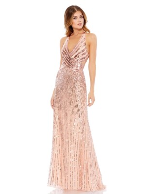 MAC DUGGAL SLEEVELESS FAUX WRAP SEQUIN EMBELLISHED CUT OUT BACK ROSE GOLD SIZE 4