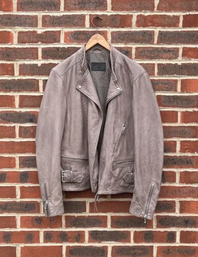 All Saints GIBSON Leather Biker Jacket MEDIUM Grey Mens Bomber Moto AllSaints