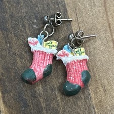 Handmade Christmas Stocking Dangle Earrings Enamel Gold Tone Holiday
