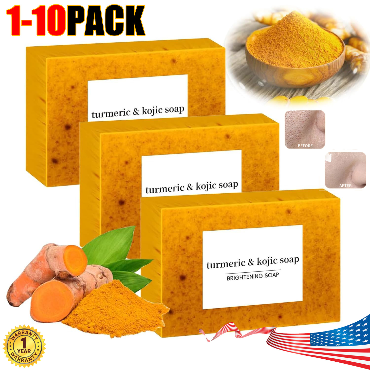 2-10 Pack Turmeric Glow Soap Bar - Lemon & Kojic Acid, Removing Dark Spots