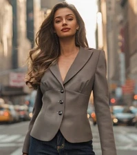 Escada Wool Silk Blazer Size Large 40 Brown Empire Waist Collar Long Sleeve