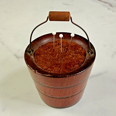 Antique Pin Cushion Primitive Hand Turned Wooden Bucket Pail w Wire Handle Mini