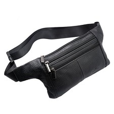 Triple Pocket fanny pack Genuine Leather waist bag slim shoulder bag Hip Black