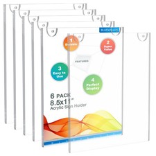 BlueValley 6-Pack Acrylic Sign Holder 8.5x11 Wall Mount Clear Picture Frame
