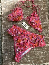 Swimwear 2 PC Bikini Swimsuit Pink Floral Ruffle Women's Size Large