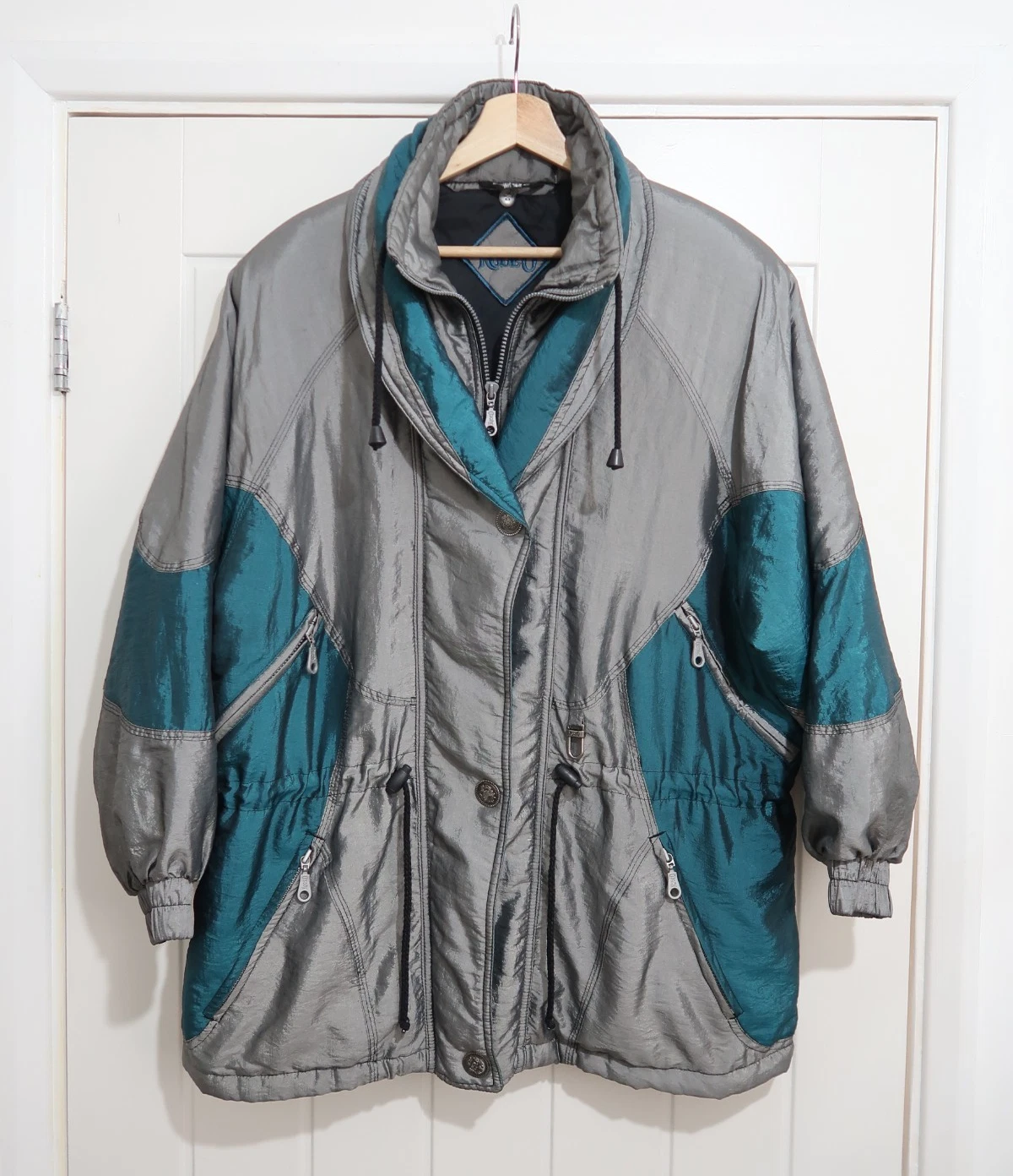 Vintage Rodeo Ski Jacket 90s Retro Snow Puffer Jacket Grey Blue - Size UK 12 14