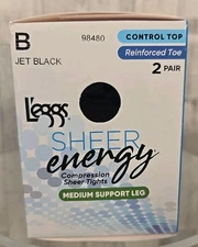 L'eggs Pantyhose Sheer Energy Size B Jet Black Control Top Reinforced Toe