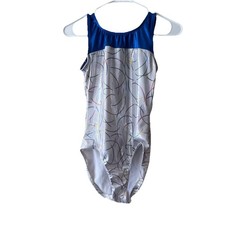 K Bee gymnastics leotard, size Adult large made in USA white blue sparkles