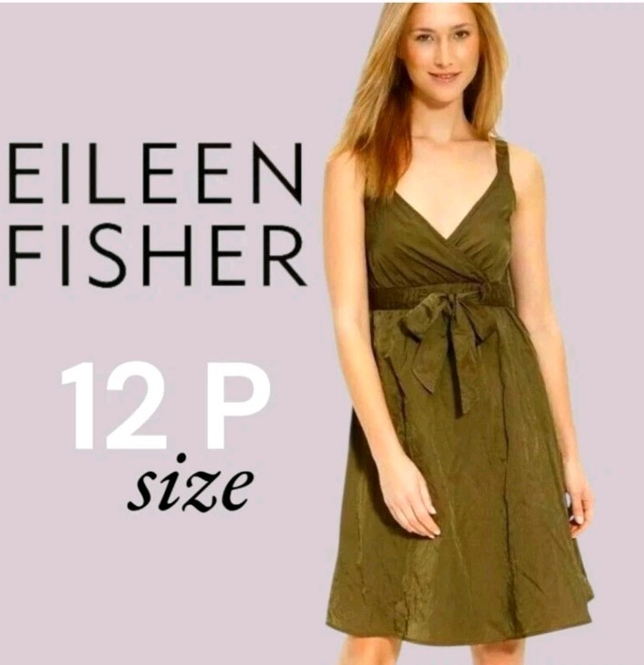 EILEEN FISCHER Olivene Green Steel Satin Faux Wrap Mid-Dress Party - Size  12 P | eBay