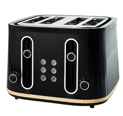 Scandi schwarz und Holz strukturierte Verkleidung 4 Scheiben Toaster Küchengerät BRANDNEU