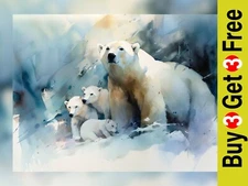 Polar Bear Family Watercolor Painting, 5" x 7 " Print of original