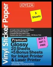[3 Sheets] JOYEZA Glossy Vinyl Sticker Paper 8 1/2" X 11" INKJET/LASER B2G1