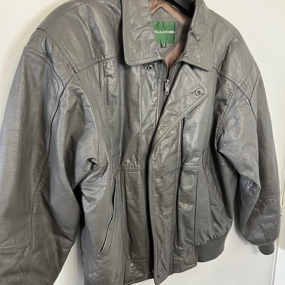 Chaqueta Bomber Hill & Archer Hombre Vintage Cuero Gris Talla 38 Excelente Estado Foto 2 de 4