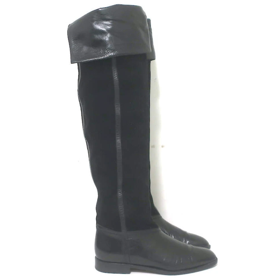 Vintage Bottega Veneta Over the Knee Flat Boots Black Leather & Suede Size 38 - Image 2 of 4