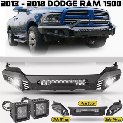 Textured Steel For 13-18 Dodge Ram 1500 Front Bumper Assembly W/2*4'' LED Lights 