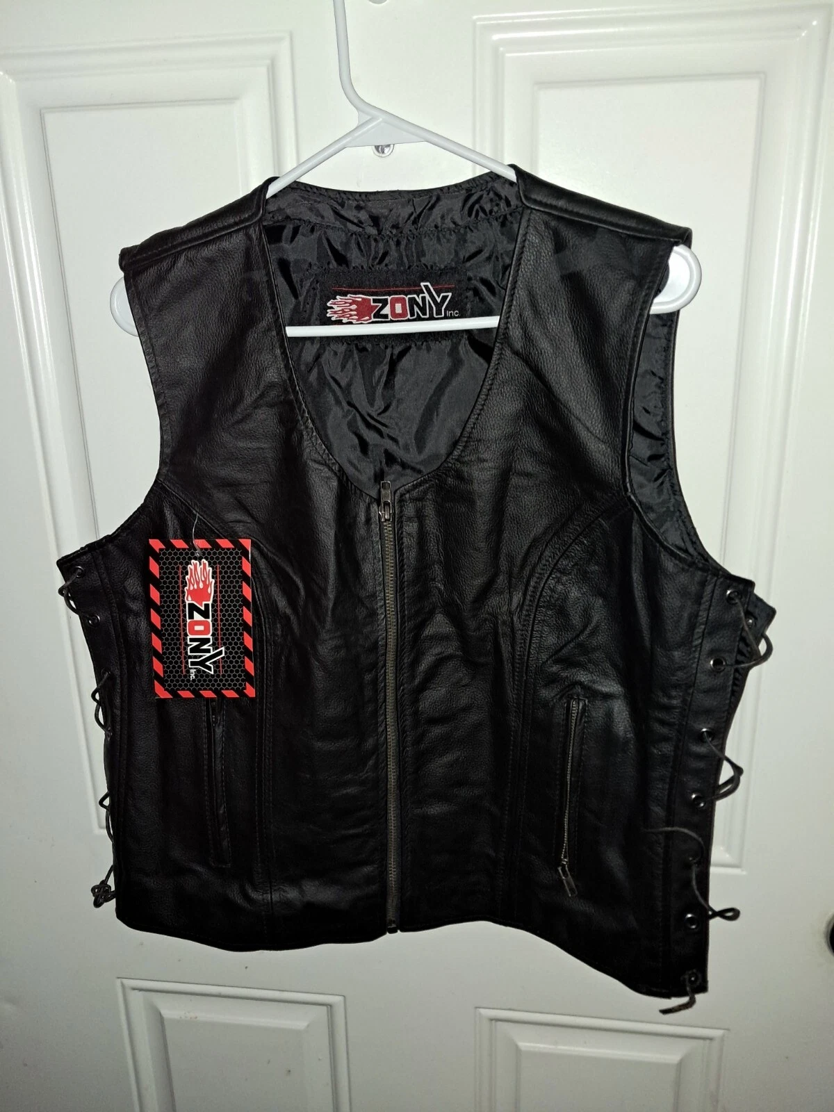 Zony Black Leather Motorcycle Vest Biker Mens Gun Pocket Zip Up New With Tag