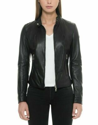 Trendy Women's Lambskin Genuine Leather Black Motorcycle Jacket Slim Fit Coat