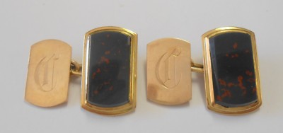 Vintage Pair 14K Yellow Gold Bloodstone Heliotrope Cufflinks Large 22 mm Mono D