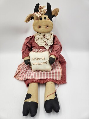 Delton Product Corp. Primitive Farmhouse Cow w/Checkered Dress Holding Pillow
