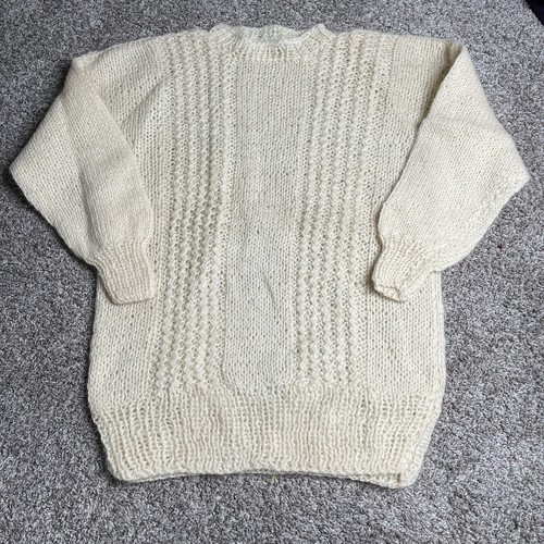 Hand Made Knit Sweater Mens Large Cream Chunky Waffle Knit Fisherman Ribbed