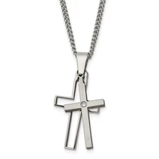 Titanium Brushed and Polished with .03 Ct Diamond Cross Pendant Necklace 22"