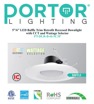 PT-DLR-B-6I-5C3P  Portor Lighting 5/6  Inch Multi-Watt 5 CCT Retrofit Downlight