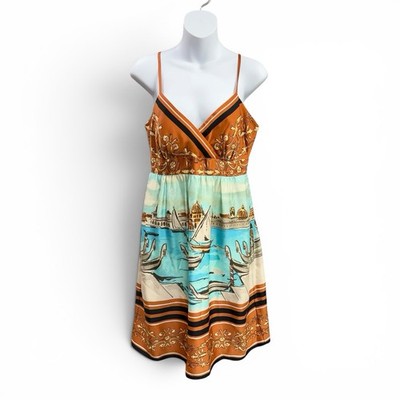 MUSE Womens Sz 6 Sailboat Print Midi Beach Dress Blue Silky Sleeveless Vacation