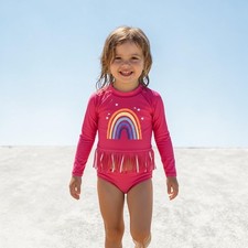 Andy Evan Girls Pink Rainbow Fringe Long Sleeve Rash Guard Swimsuit UPF 50 6X