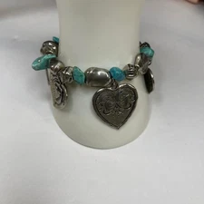 Charm Bracelet faux turquoise boho trendy burnished silver tone hearts western