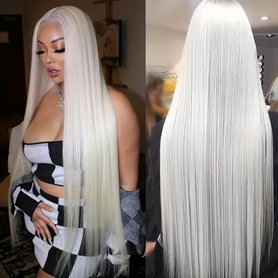 White Lace Front Wig Human Hair Blend Straight Wigs