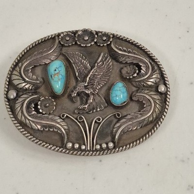 Vtg Native American Navajo Sterling Silver Turquoise Eagle Belt Buckle 55.4 G