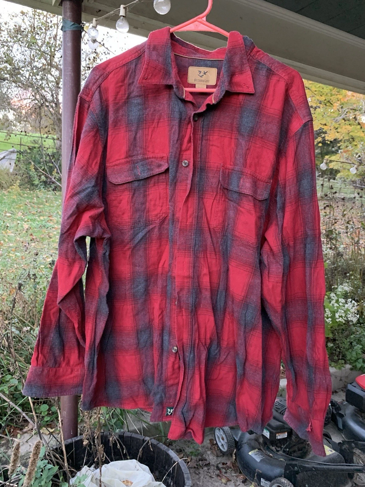 Outdoor Life Red Black Flannel Plaid Long Sleeve Button Up 100% Cotton Men XXL