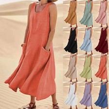 Women's Summer Maxi Dress Casual Sleeveless Cotton Linen Sundress with Pockets