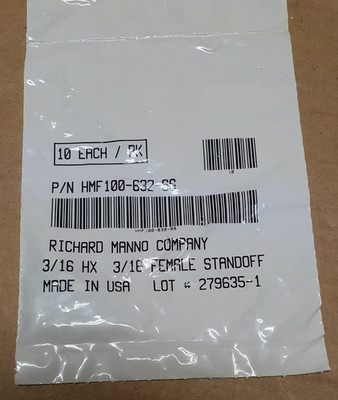 RICHARD MANNO HMF 100-632-SS, 3/16 HX, 3/16 FEMALE, 3/16 STANDOFF, Pack of 10