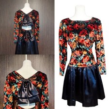 Vintage 1980s Velvet Cut Out Open Back Bow Drop Waist Prom Formal Mini Dress