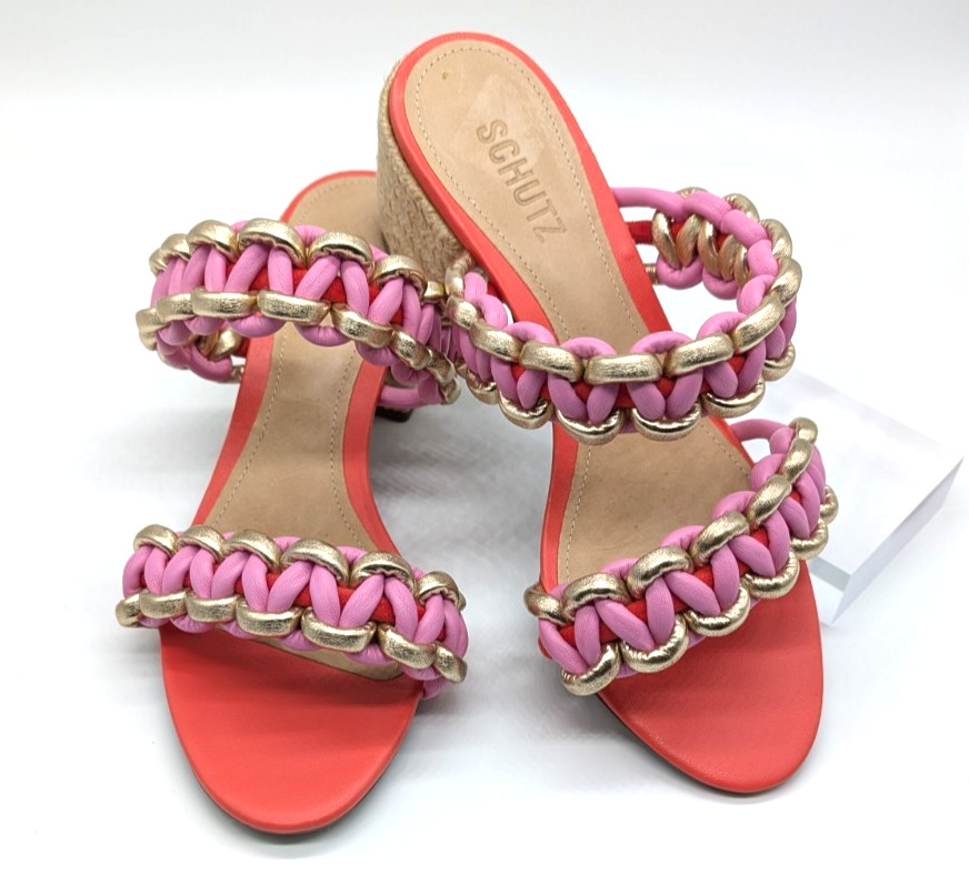 SCHUTZ Juliet Multicolor Braided Leather Slide Sandals 8B Block Heel Pumps NEW