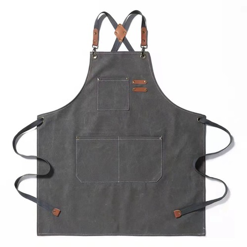 Canvas Cross Back Chef Cotton Aprons for Men Women with Large Pockets (Grey)