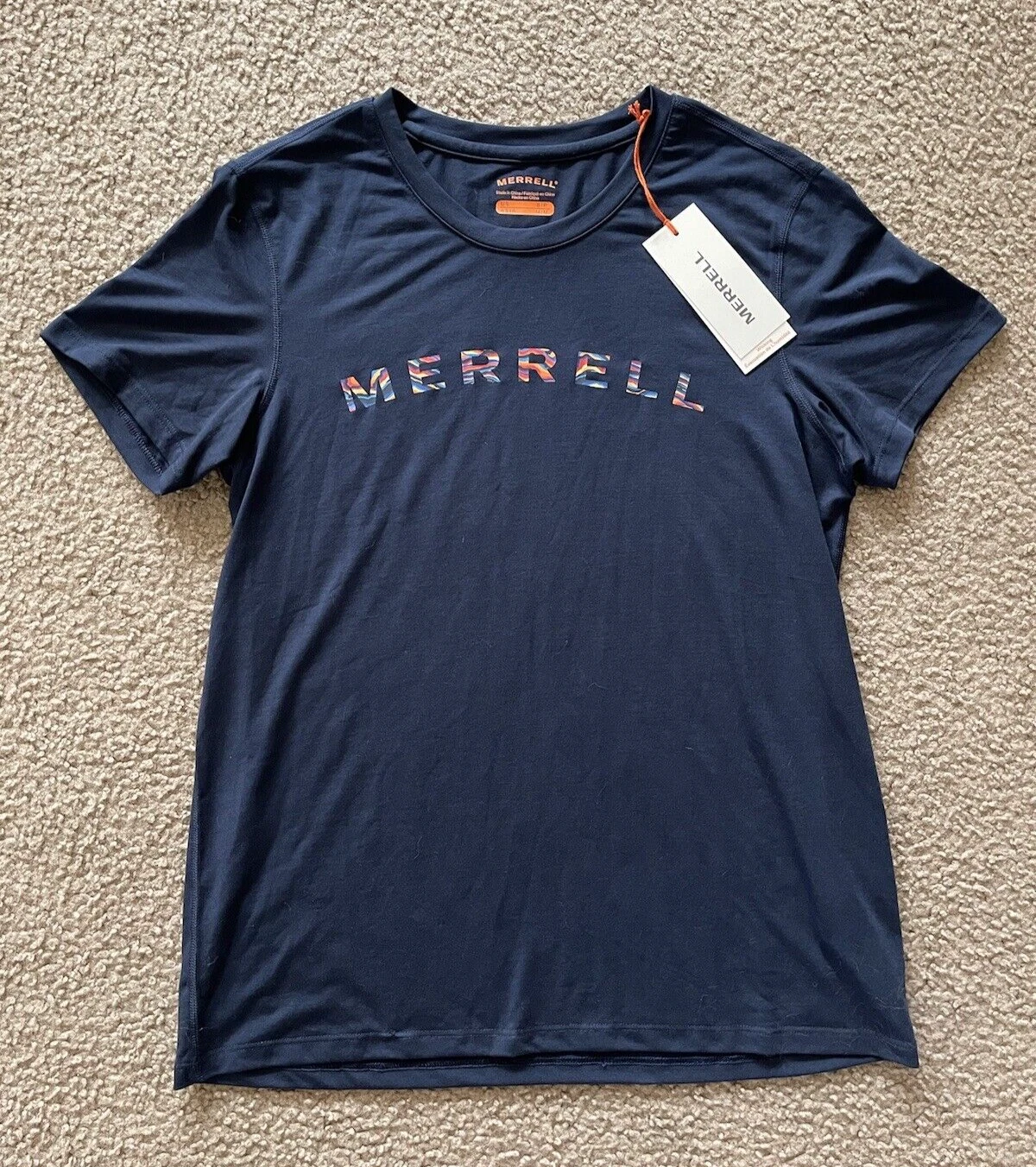 Merrell Wordmark Women's Short Sleeve Navy Small Run T-Shirt Travel Hiking Light