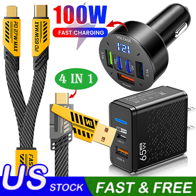 100W 6-Port USB C Fast Wall Charger Block ,PD 4FT Cable For All Cell Phone iPad