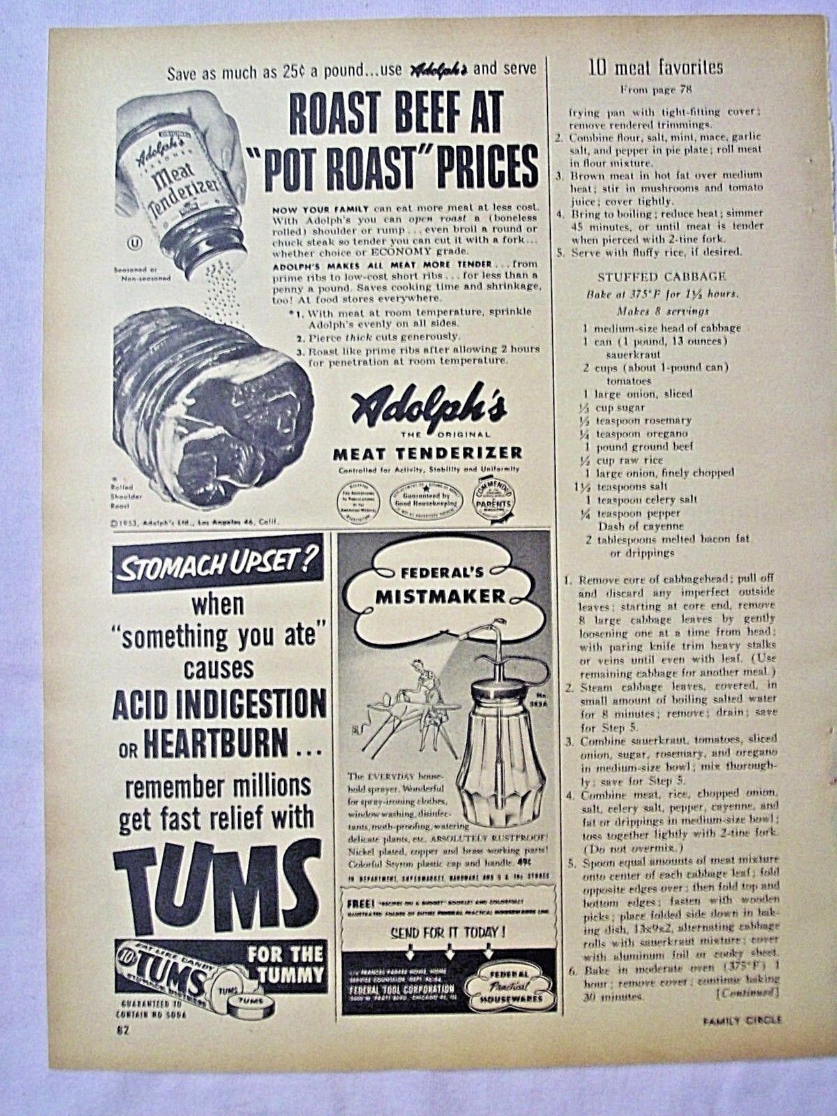 1954 Magazine Advertisement Page Tums Adolph's Meat Tenderizer Roast
