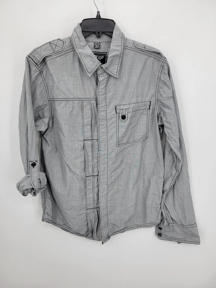 Fox Deluxe Shirt Mens Medium Gray Roll Tab Sleeve Button Up Outdoor Racing - Image 3 of 4