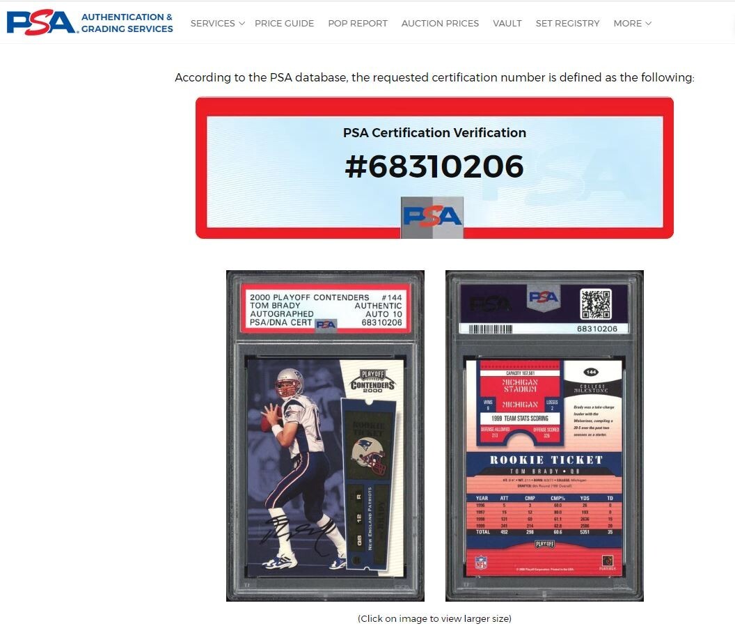 2000 PLAYOFF CONTENDERS #144 TOM BRADY AUTO ROOKIE TICKET AUTHENTIC ~ PSA/DNA 10 view 3