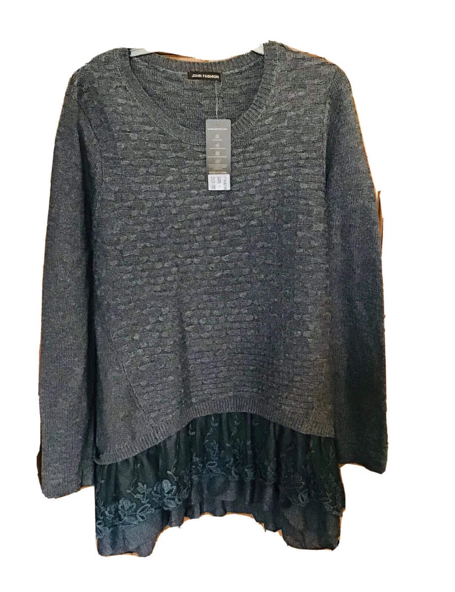 John Fashion Women s Sz L Gray Mixed Media Pullover Sweater Knit Lace Long Slvs