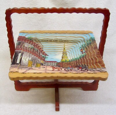Vintage COLLAPSABLE WOOD BOWL Colombia 3D Street Art CutOut Picture FRAME BASKET