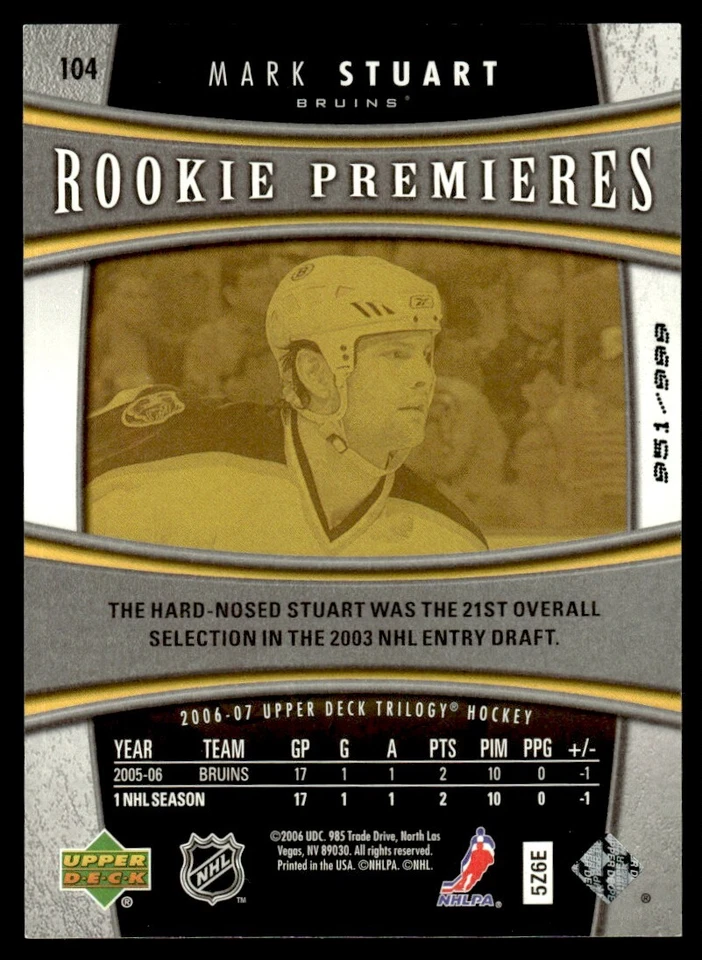2006-07 Upper Deck Trilogy Mark Stuart Rookie /999 Boston Bruins #104 - Image 2 of 2