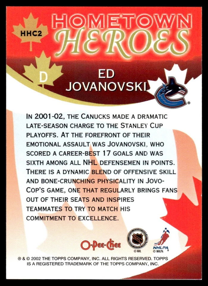 2002-03 O-Pee-Chee Hometown Heroes Canada Ed Jovanovski Vancouver Canucks #HHC2 - Image 2 of 2