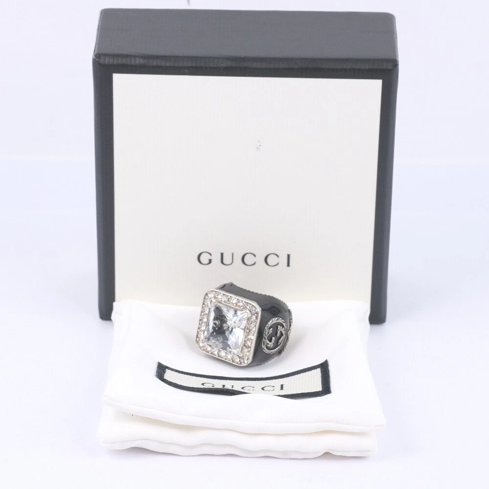 GUCCI Ring Square Clear Rhinestone GG Silver Ag925 #9 /US 4.75 authentic