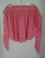 Vtg Red  White Gingham Check Cotton Hostess Half Apron / Pleated Smocked Waist