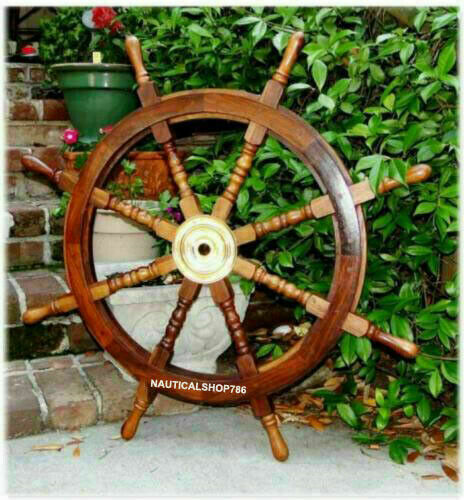 Big Ship Steering Wheel Wooden 36'' Inch Antique Brass Nautical