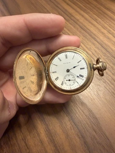 ANTIQUE ElGIN SMALL GOLD PLATED HUNTER FACE POCKET WATCH *RUNNING*